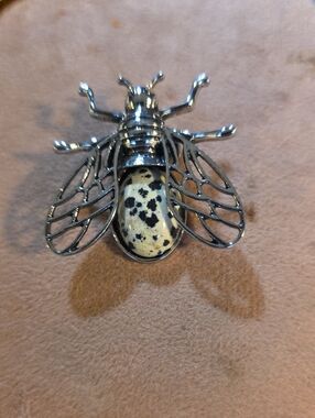 Vintage Style Dalmatian Jasper Crystal Insect Bee Fly Brooch Pendant